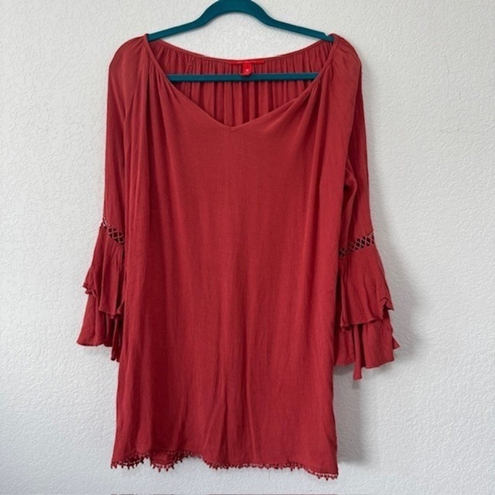 Coral Red V Neck‎ Bell Sleeve Tiered Ruffle Mini Dress Womens Size Medium